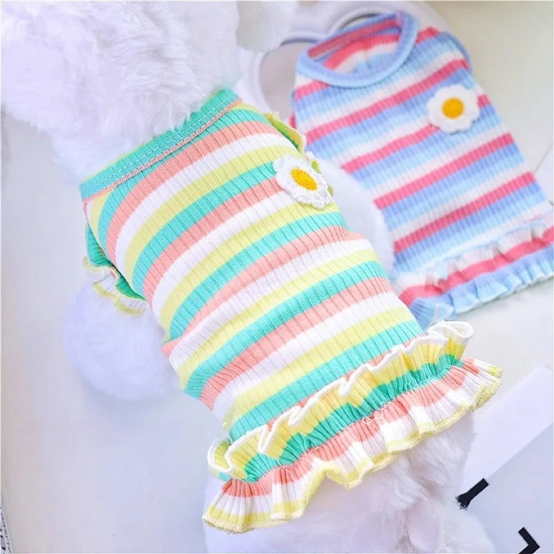 Dog Summer Clothes Pet Dog Vest Dress Dog Knitted Striped Dog T Shirt Chihuahua Bichon Clothing Kitten Puppy Girls Dog Costume