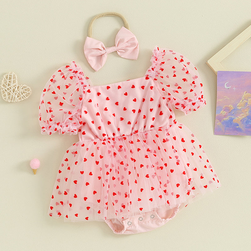 2Pcs Newborn Girl Romper Dress Valentine's Day Outfit Short Puff Sleeve Heart Print A-line Rompers with Bowknot Headband Clothes