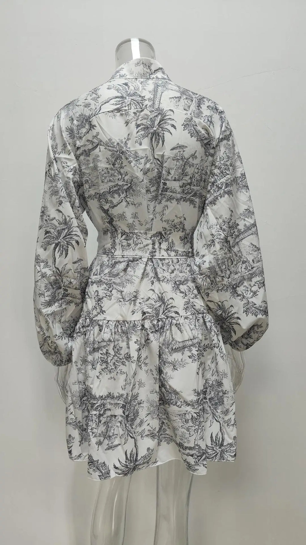 Vintage Printed Lace-Up Shirt Dress For Women Spring Summer Fashion Ruffled Pleated Long Sleeve High Street Women's Mini Dresses