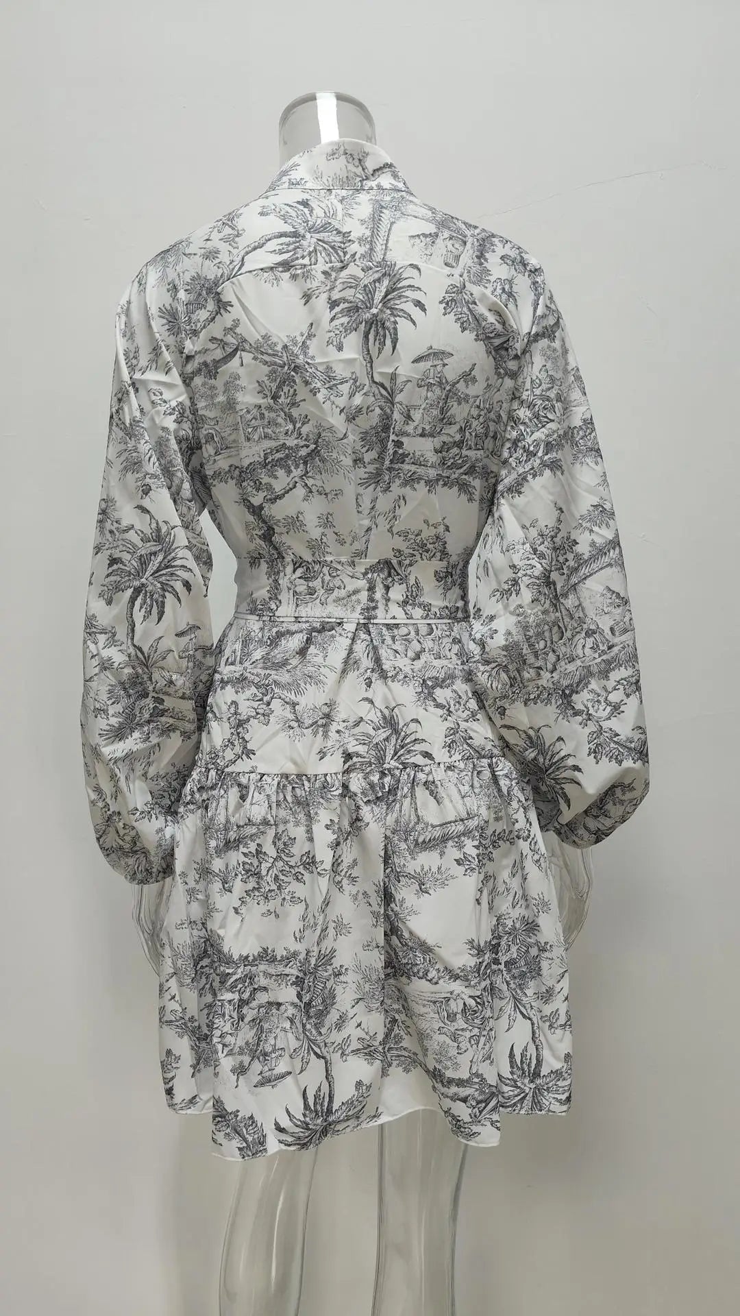 Vintage Printed Lace-Up Shirt Dress For Women Spring Summer Fashion Ruffled Pleated Long Sleeve High Street Women's Mini Dresses