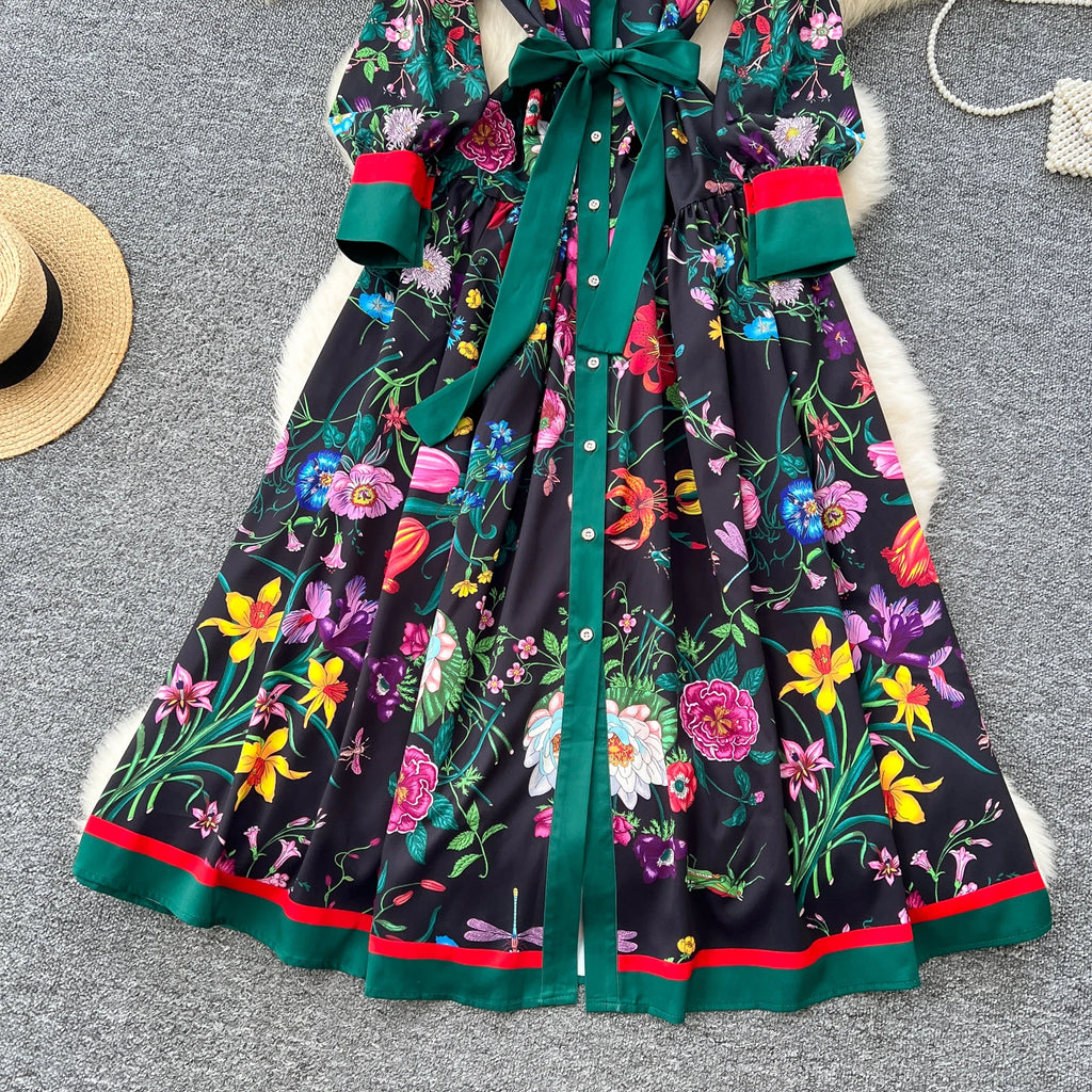 Elegant Long Sleeves Vintage Stand Collar Chic Single Breasted Print Bandage Slim Long Dress High Street Autumn Winter Clothing