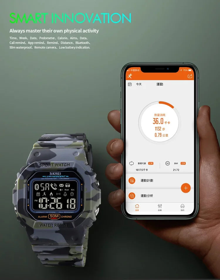 SKMEI Pedometer Calorie Tracker For Iphone Huawei Xiaomi Male relogio Mens Bluetooth Wristwatches 1629 Sport Digital Watch