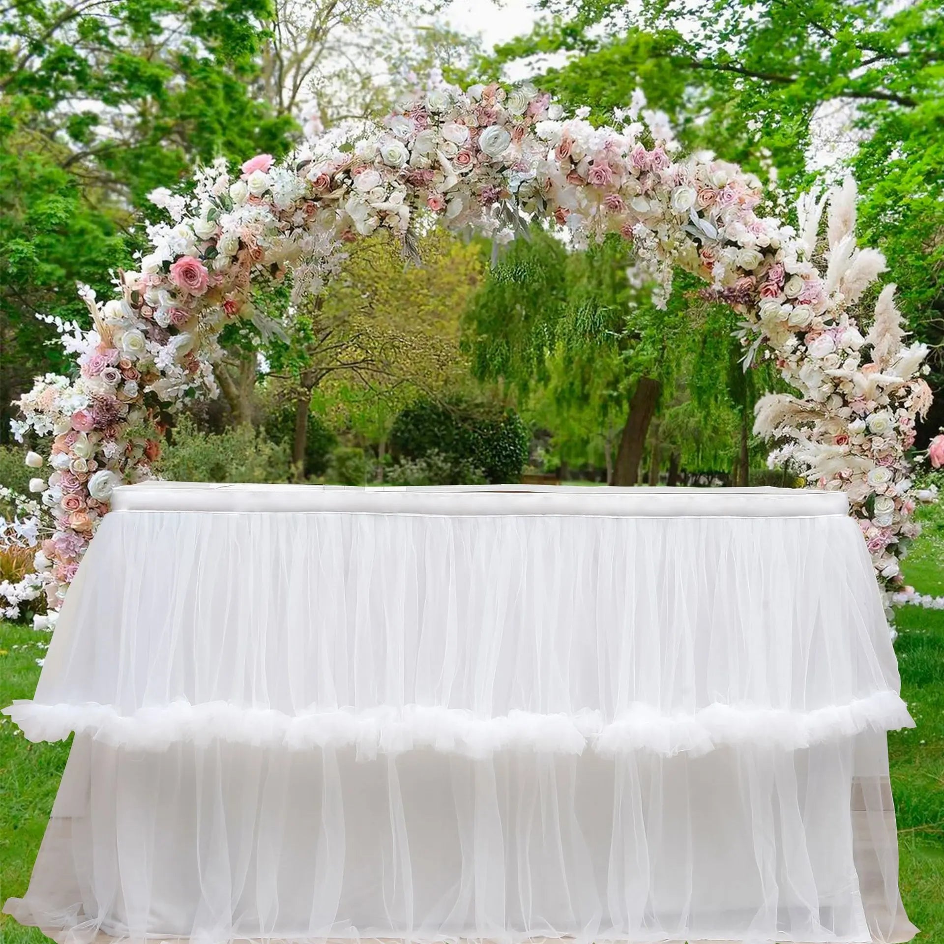 Wedding Tulle Table Skirt 6FT/9FT Purple Pink White Mesh Dining Table Decoration Table Cover For Wedding Reception Banquet
