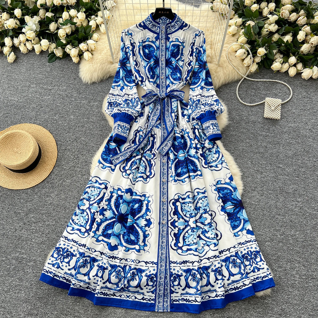 Elegant Long Sleeves Vintage Stand Collar Chic Single Breasted Print Bandage Slim Long Dress High Street Autumn Winter Clothing