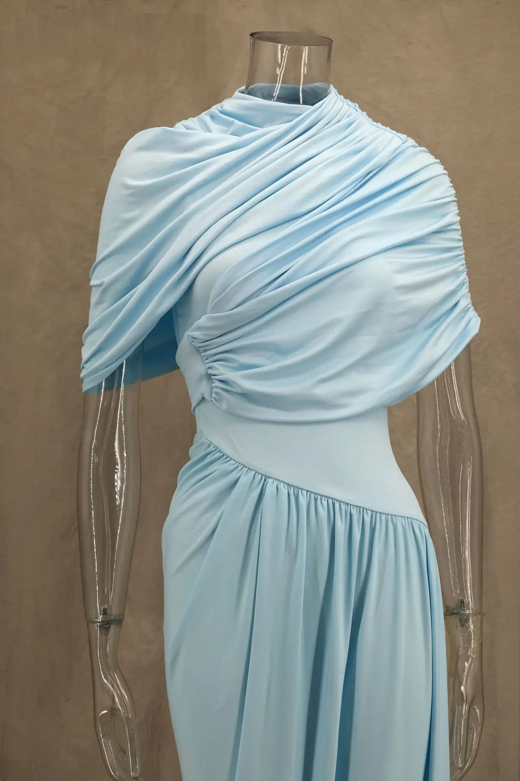 Elegant Shawl Ruched Asymmetrical Maxi Women Dress Summer Light Blue Slim Light Blue Party Dress Female Chic Evening Prom Gowns
