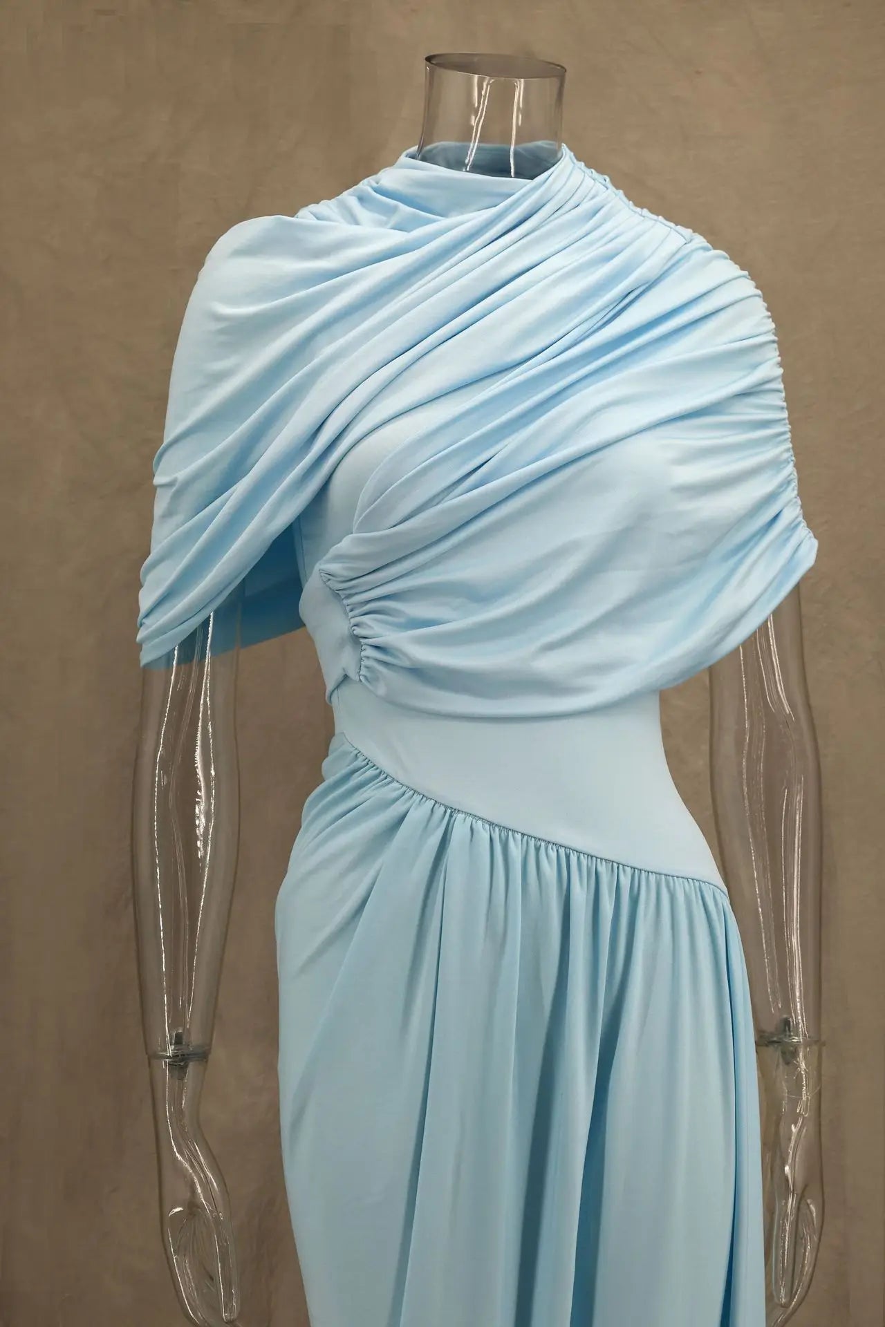 Elegant Shawl Ruched Asymmetrical Maxi Women Dress Summer Light Blue Slim Light Blue Party Dress Female Chic Evening Prom Gowns