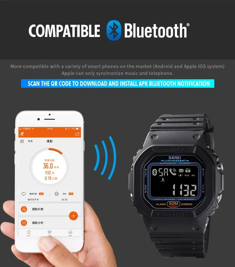 SKMEI Pedometer Calorie Tracker For Iphone Huawei Xiaomi Male relogio Mens Bluetooth Wristwatches 1629 Sport Digital Watch