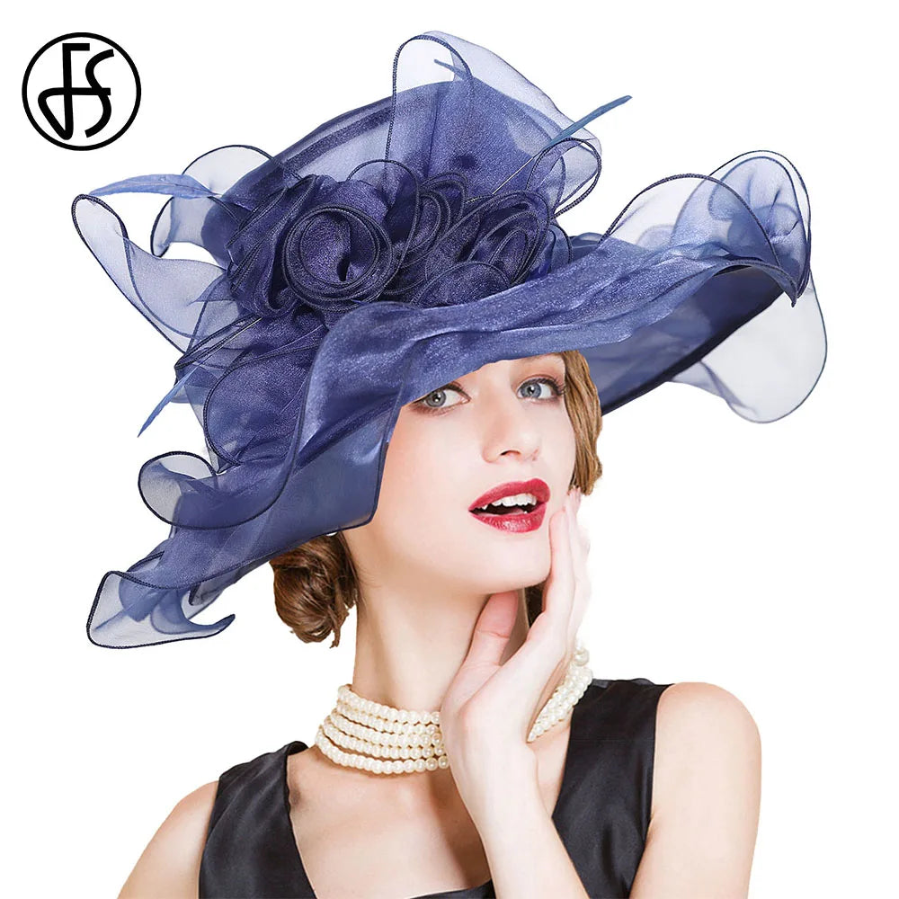 FS Wide Brim Kentucky Derby Hats Fascinators For Women With Veil Flower Organza Wedding Church Cocktail Tea Party Dress Cap 2025