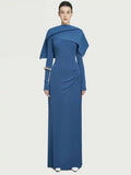 DEAT Elegant Dress Pleated Asymmetrical Cape Long Sleeve Contrast Color Women's Evening Party Dresses 2026 Spring New 35Z1621