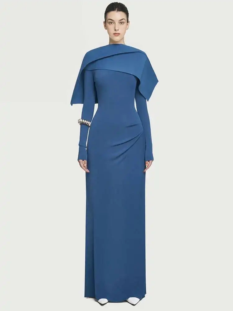 DEAT Elegant Dress Pleated Asymmetrical Cape Long Sleeve Contrast Color Women's Evening Party Dresses 2026 Spring New 35Z1621