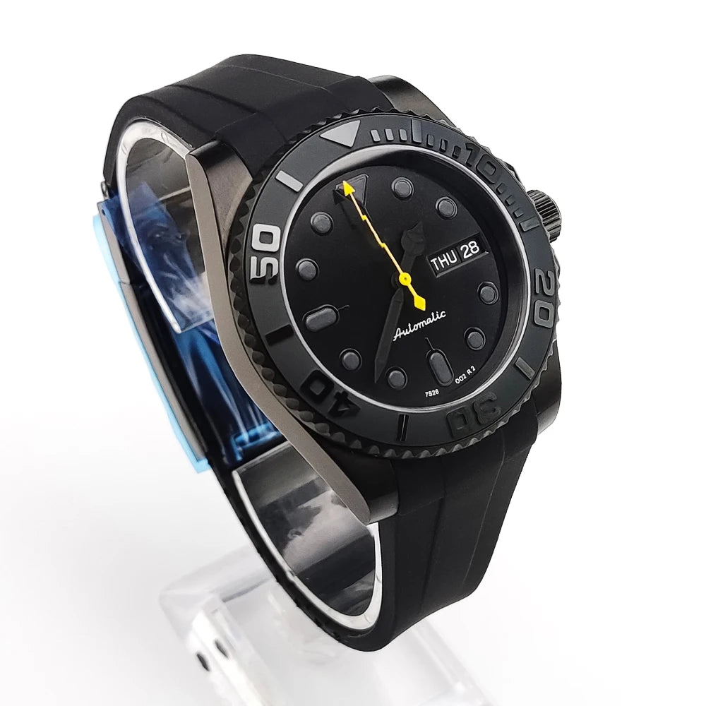40mm Dress Mechanical Men's Automatic Watch Black PVD Case Sapphire Glass Japan NH36 Movement Rubber Strap