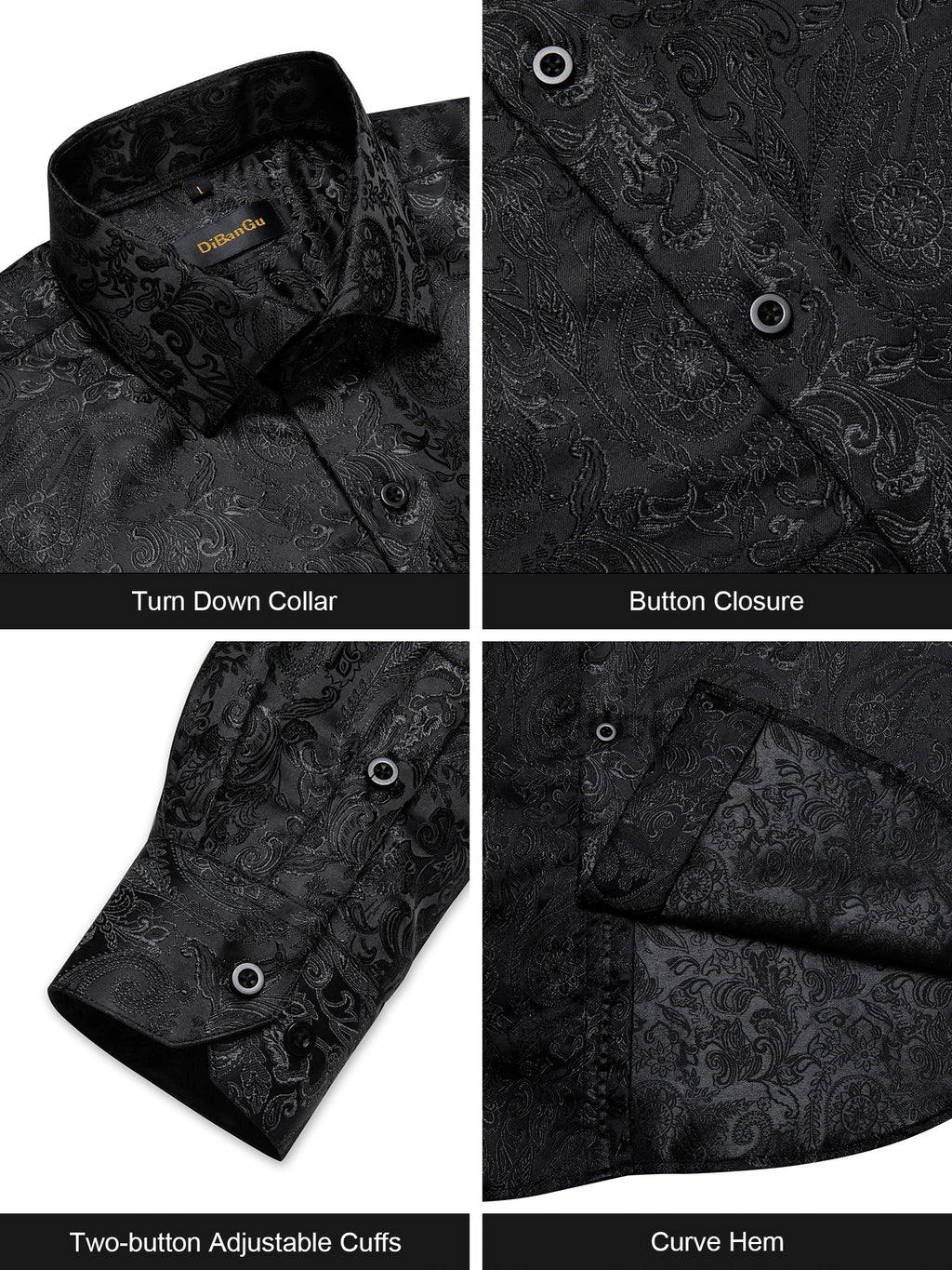 Polyester Dress Shirts for Men Black Solid Paisley Red Silver Long Sleeve Turn Down Collar Prom Social Men's Shirt