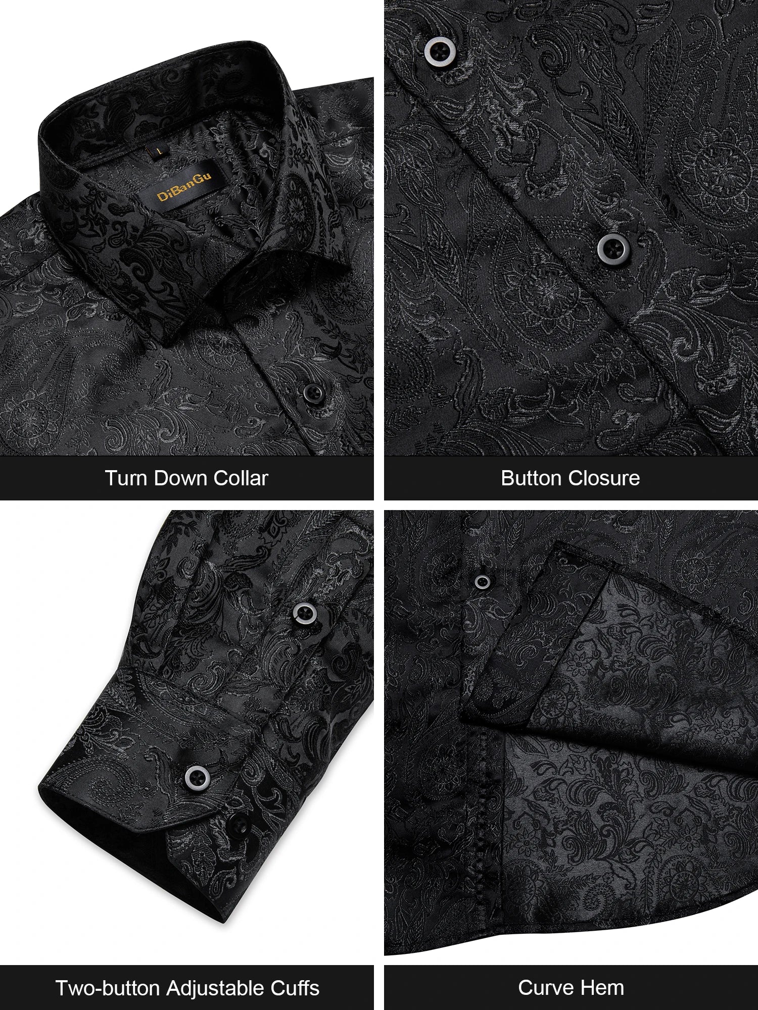 Polyester Dress Shirts for Men Black Solid Paisley Red Silver Long Sleeve Turn Down Collar Prom Social Men's Shirt
