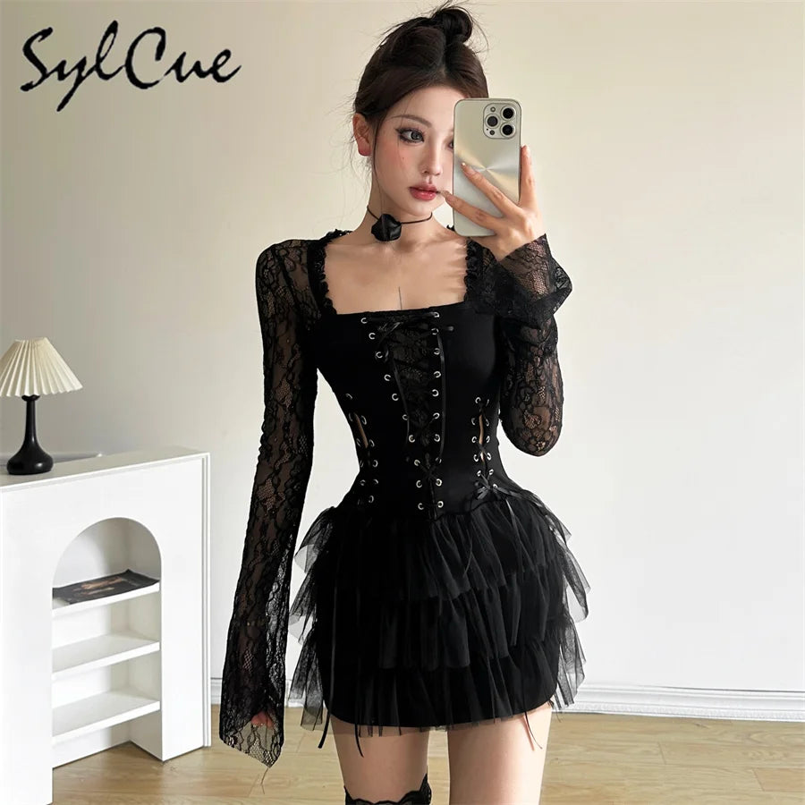 Nibber Black Retro Mysterious Lace Sexy Mature Beautiful Sweet Gentle Personality Women Drawstring Laminated Ruffled Tutu Dress