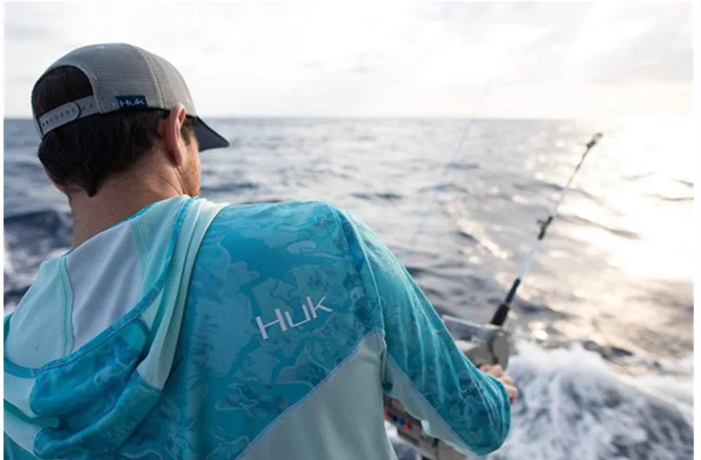 HUK Fishing Shirts UPF 50+ Face Mask Long Sleeve Jerseys Summer Sun Protection T-Shirts Men's Hooded Face Cover Fishing Clothes