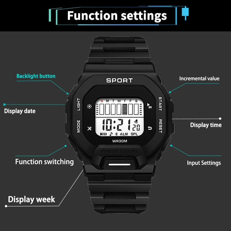 YIKAZE Men's Sports Watch Waterproof LED Digital Watches Student Outdoor Adventure Trend Multifunctional Electronic Watch Gift