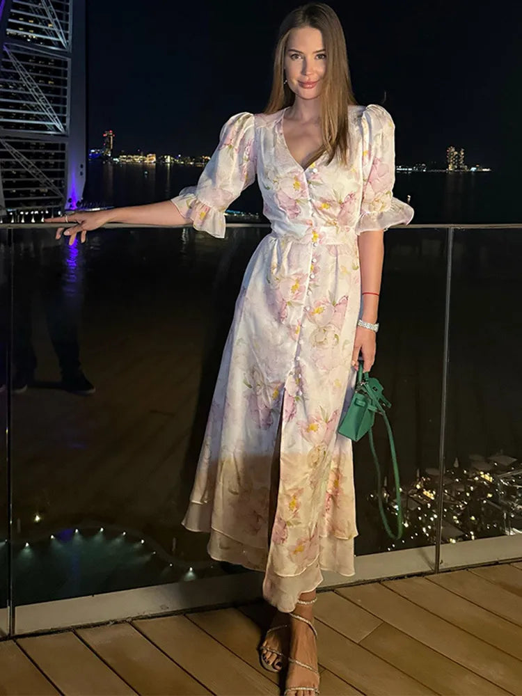 Elegant Printed Maxi Dress Women Half Sleeve V-Neck Button Waist-Closed Hip Package Ruffle Dresses 2026 Spring Summer Lady Robe