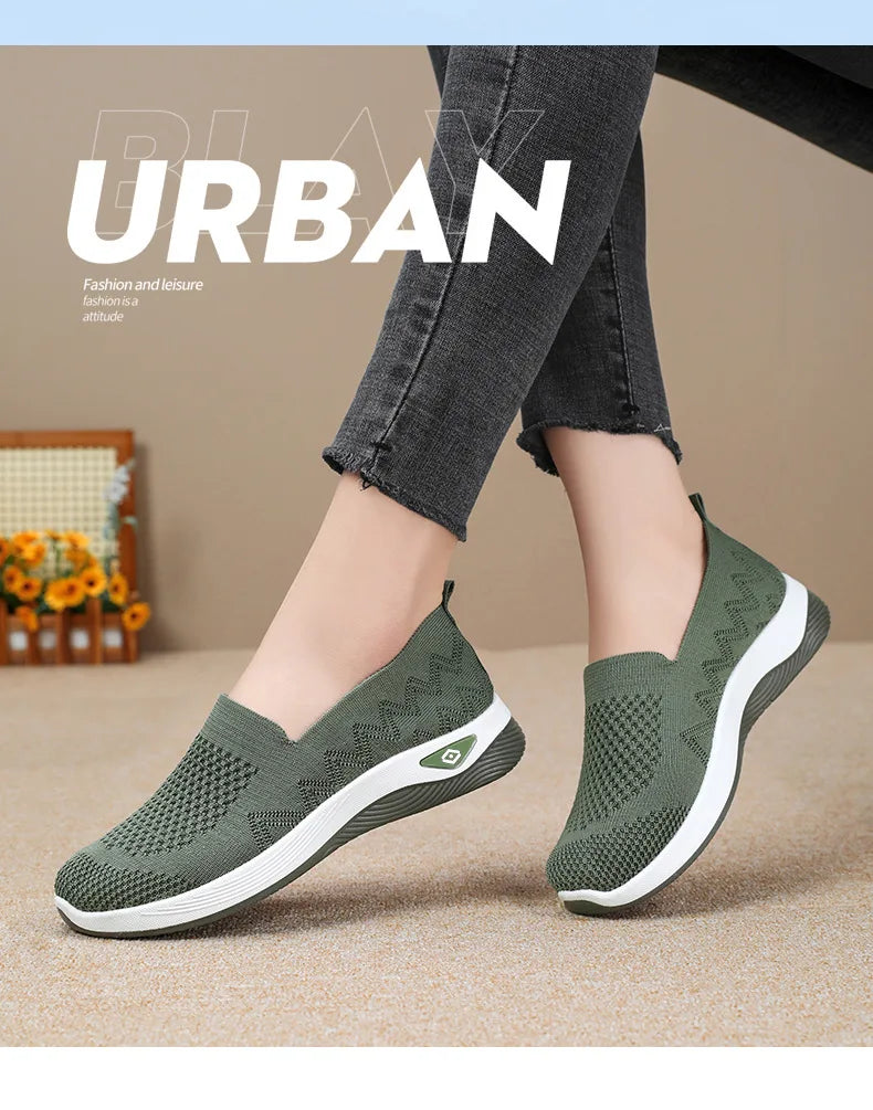 Women's Solid Color Breathable Sneakers, Soft Sole Lightweight Slip On Walking Shoes, Low-top Knitted Casual Shoes