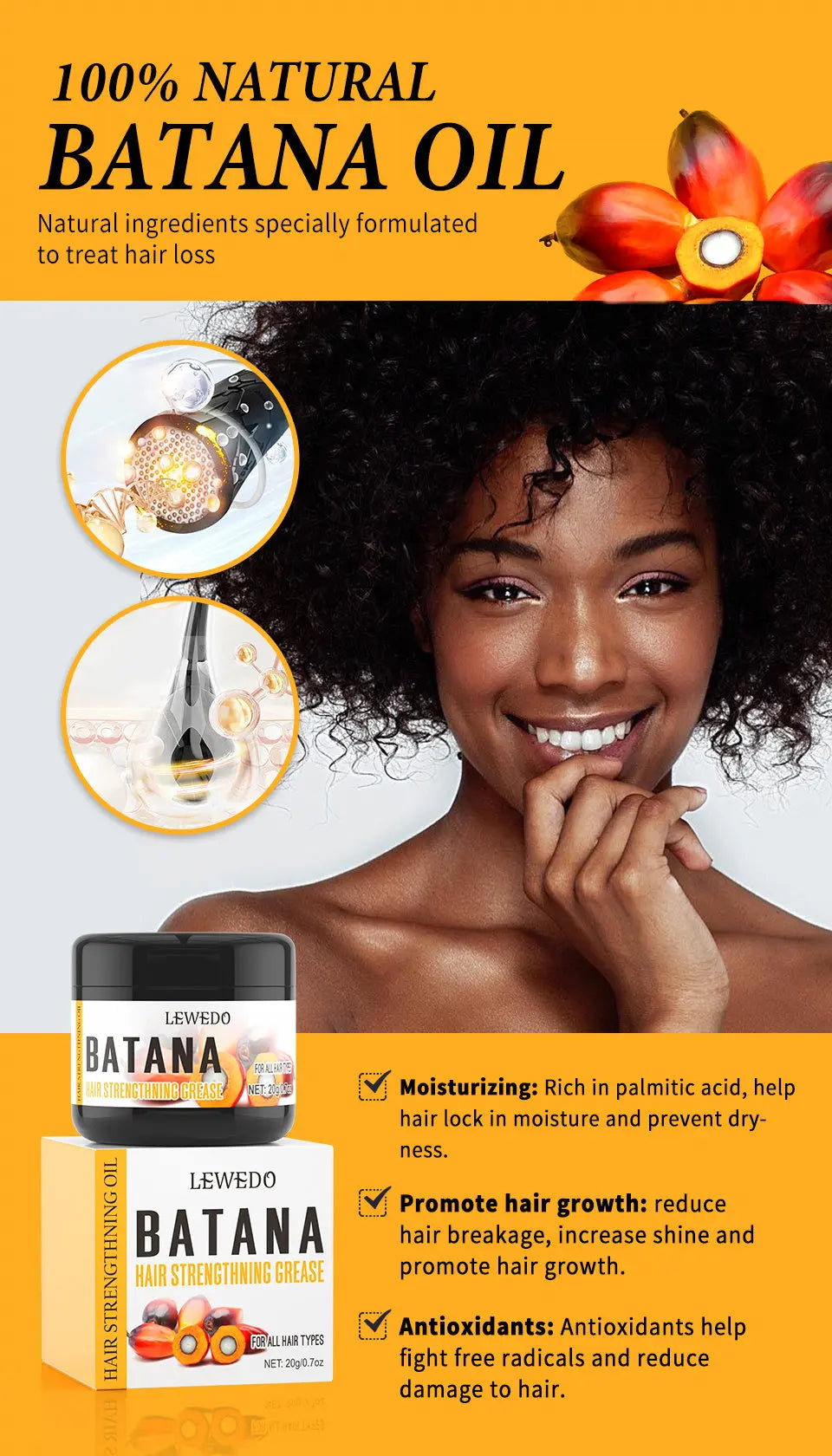 LEWEDO Raw Batana Grease For Hair Growth 20g Anti Hair Loss Oil Deep Nourishes Repair Damaged Mask For Hair Growth Treatment