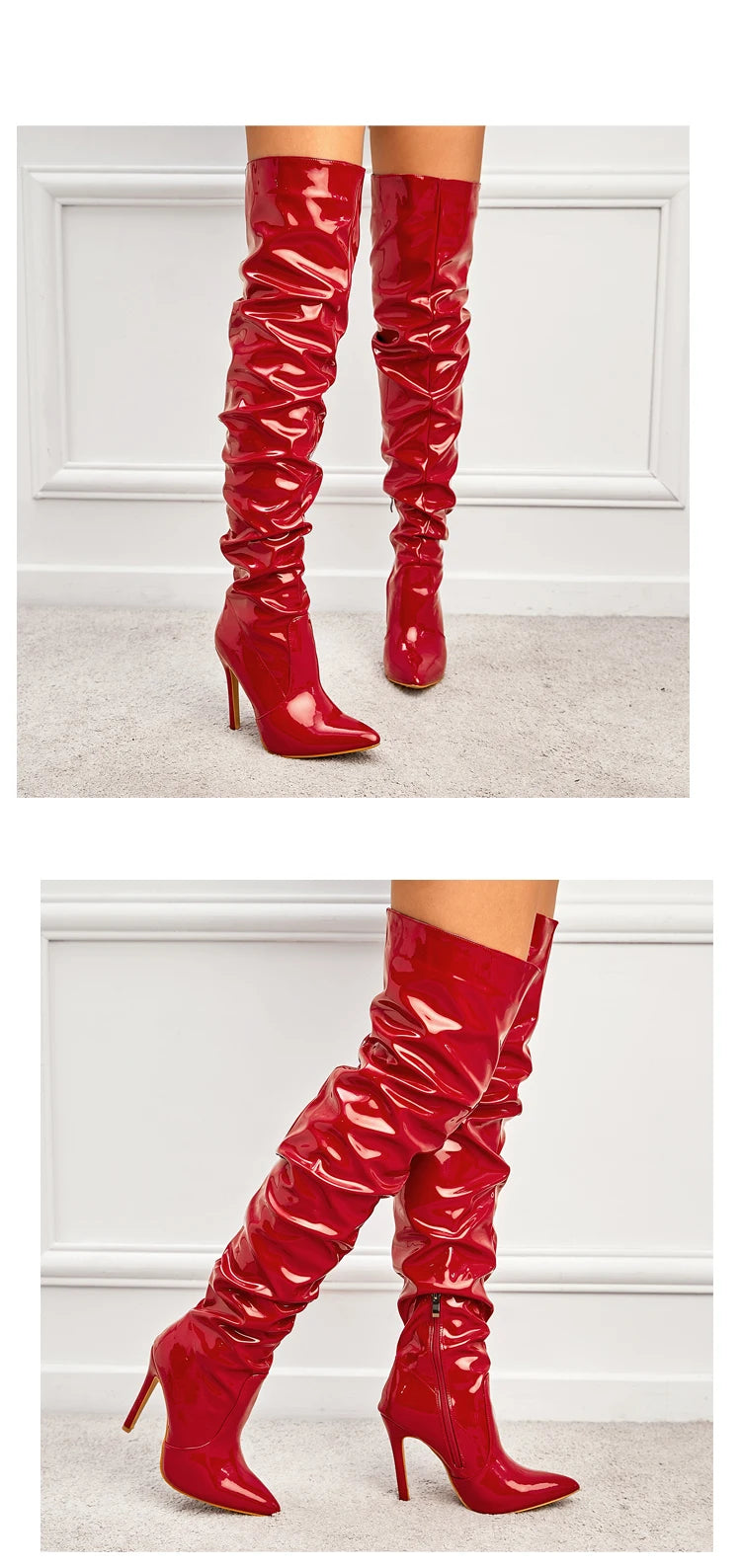 Eilyken High Quality Pleated Patent Leather Motorcycle Over The Knee Boots Women Fashion Pointed Toe Zip Thigh High Lady Shoes