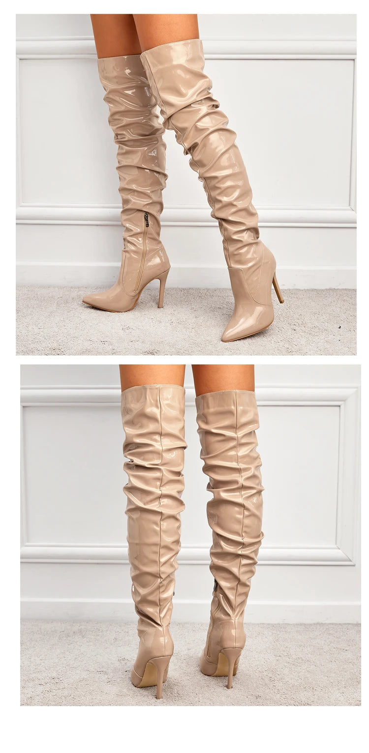Eilyken High Quality Pleated Patent Leather Motorcycle Over The Knee Boots Women Fashion Pointed Toe Zip Thigh High Lady Shoes
