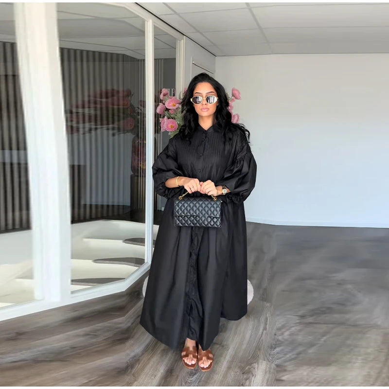 Loose Single Breasted Pleated Long Dress Women Elegant O-neck Lantern Sleeve A-line Party Dresses 2025 Summer Lady Casual Robes