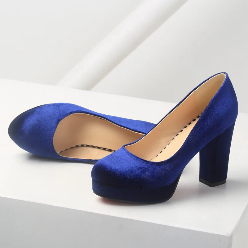 Elegant Women's High Heels Shoes Platform 2025 Fashion Flock Black Blue Red Heeled Party Wedding Shoes Female Velvet Dress Pumps