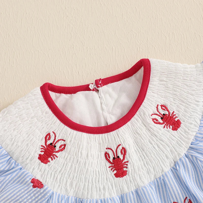 1-5Y Toddler Baby Girl Crawfish Smocked Ruffle Short Sleeve Dress Lobster Plaid Princess Dresses Summer Outfits
