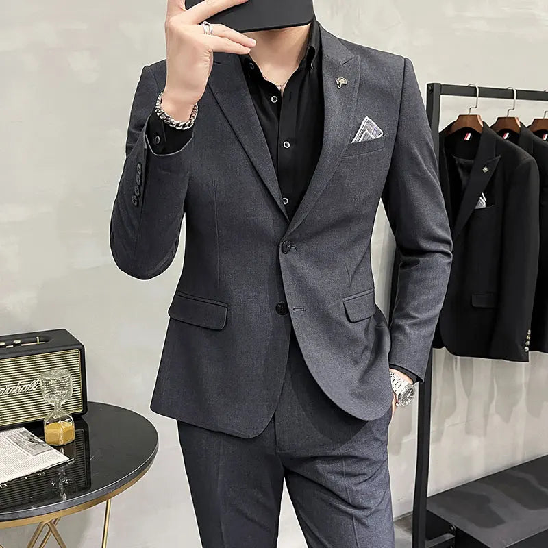 ( Blazer + Pants ) High End Brand Plaid Men's Casual Formal Office Business Suit Groom Wedding Dress Slim Suit Jacket Trousers