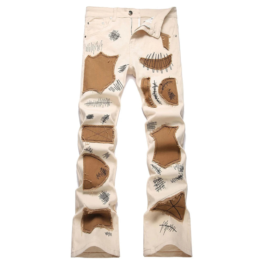 Men's Slim Boot Cut Denim Jeans Streetwear Embroidery Patches Pants Khaki Flared Trousers