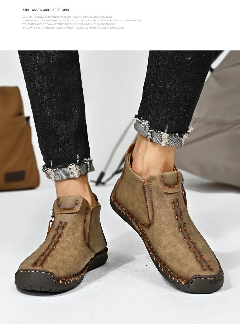 Men Boots Handmade Casual Ankle Boats for Man Male Hombres Walking Shoe Breathable Hombres Leather Wide Upright Zipper Shoes