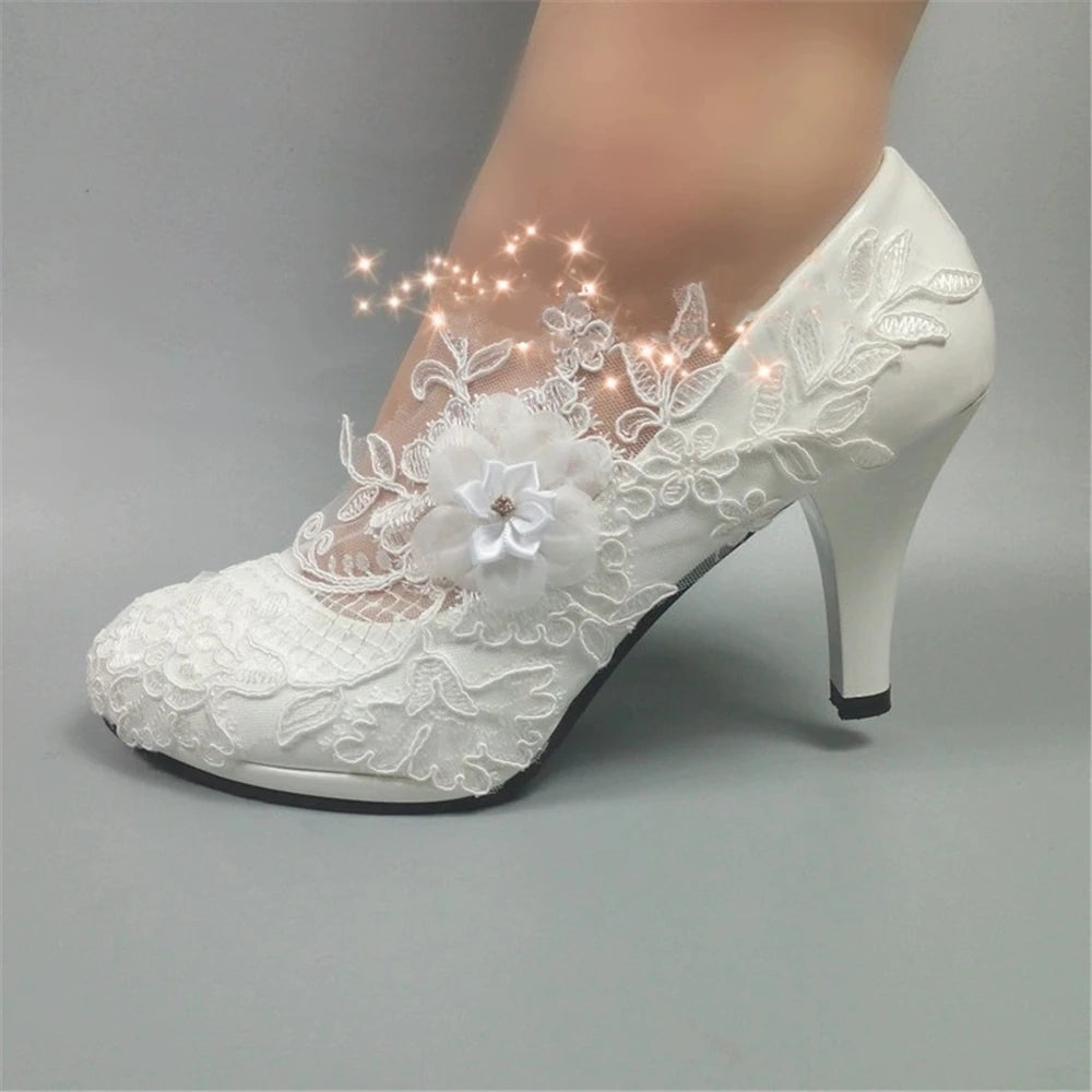 Spring new round-toe waterproof platform lace rhinestone low-heel wedding shoes thin high-heeled dress large-size women's shoes