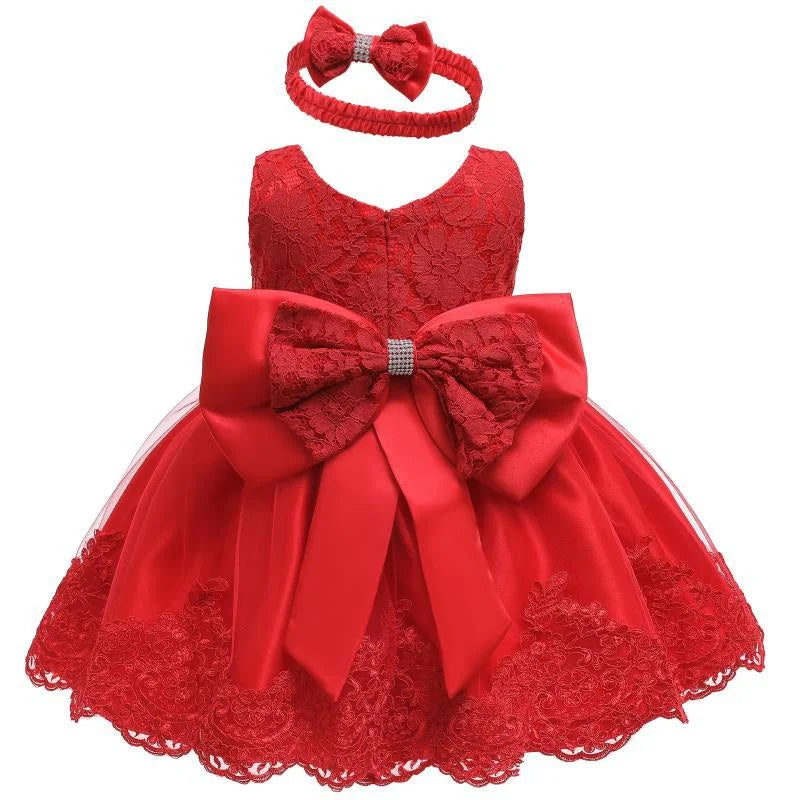Baby Girls Princess Dress And Hairband 2Pcs Elegant Bow Toddler Girl 1 Years Birthday Party Lace Ball Gown Vestidos Kids Dresses