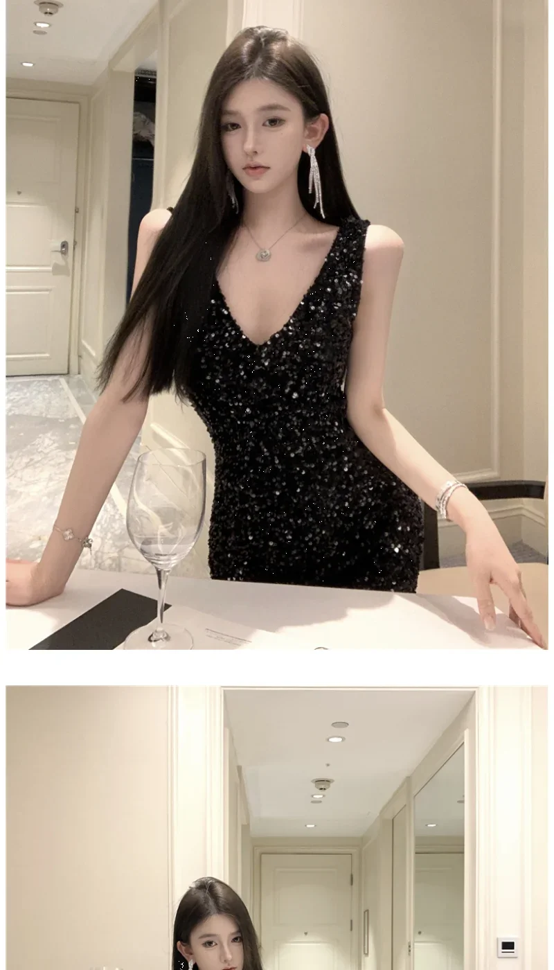Heavy Industry Sequin V-neck Sling Dress Women's Autumn Slim Dress Temperament Fishtail Hip-wrapped Long Dresses