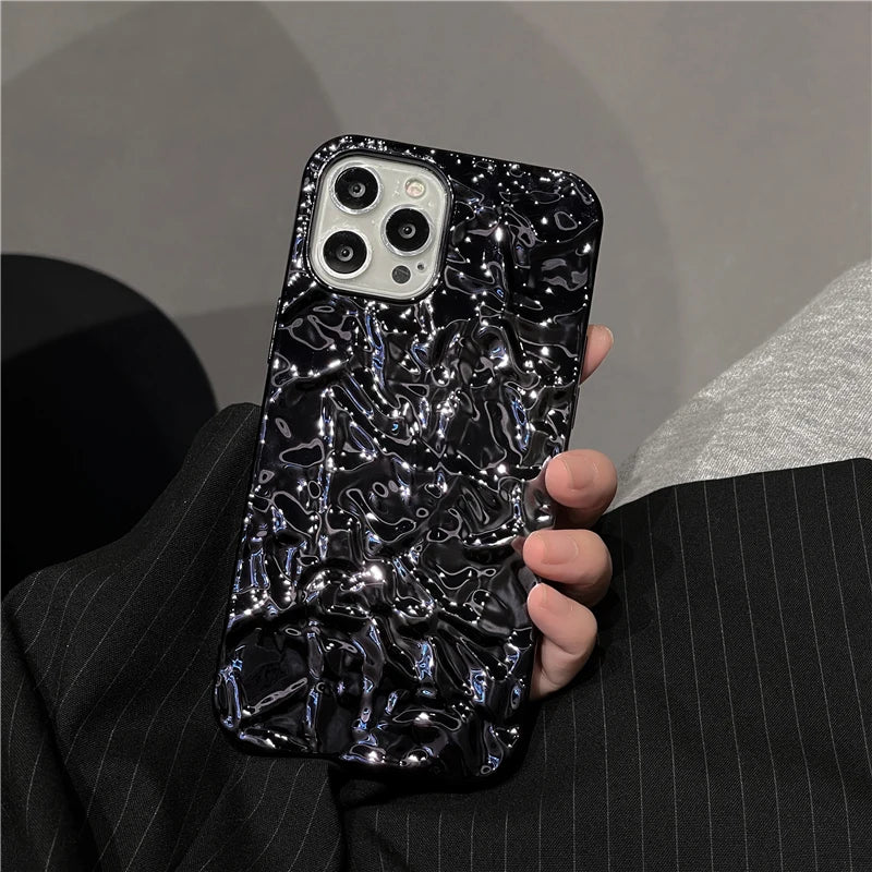 Plating Metal Color Silver Tin Foil Pleats Case For iPhone 14 13 12 11 15 16 17 Pro Max Air Mini XS XR Plus Silicone Phone Case