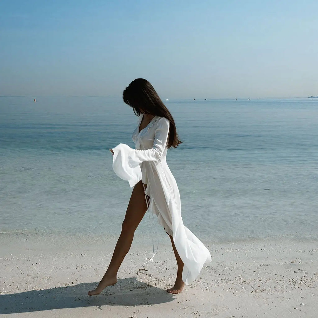 New Sexy V Neck Black White Ruffled Long Sleeve Chiffon Tunic Beach Cover Up Cover-ups Dress Sunscreen Beachwear Womens Clothing