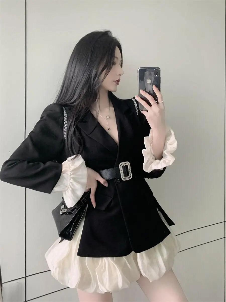 Neploe Temperament Lace Up Waist Slim Dress Sets High Waist Ruffle Edge Patched Sleeves Ropa Mujer Sexy Feminino Chic Women Sets