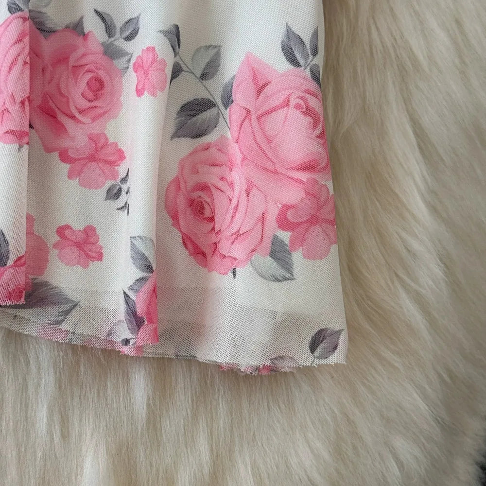 SsTss Summer Sweet Pink Floral Print Mesh Bodycon Dress for Women Elegant Square Neck Sleeveless Slim Ruched Ruffles Party Dress