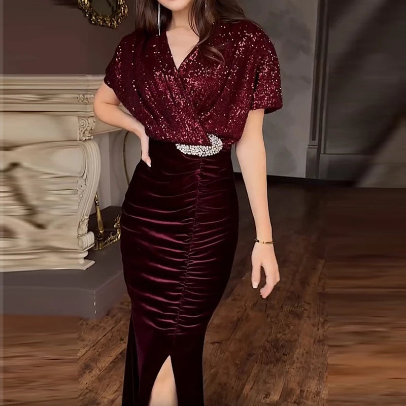 Sexy Elegant Sequin Velvet Slimming Party Dresses Women V Neck Sparkling Ball Gathering Club Split Long Dress Women Clothing