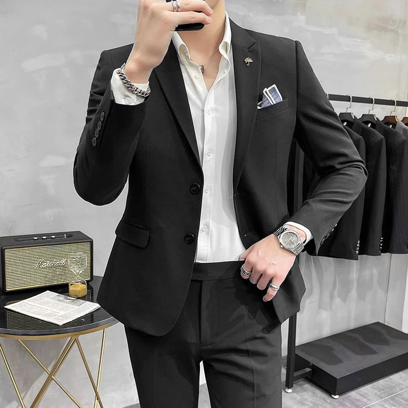( Blazer + Pants ) High End Brand Plaid Men's Casual Formal Office Business Suit Groom Wedding Dress Slim Suit Jacket Trousers