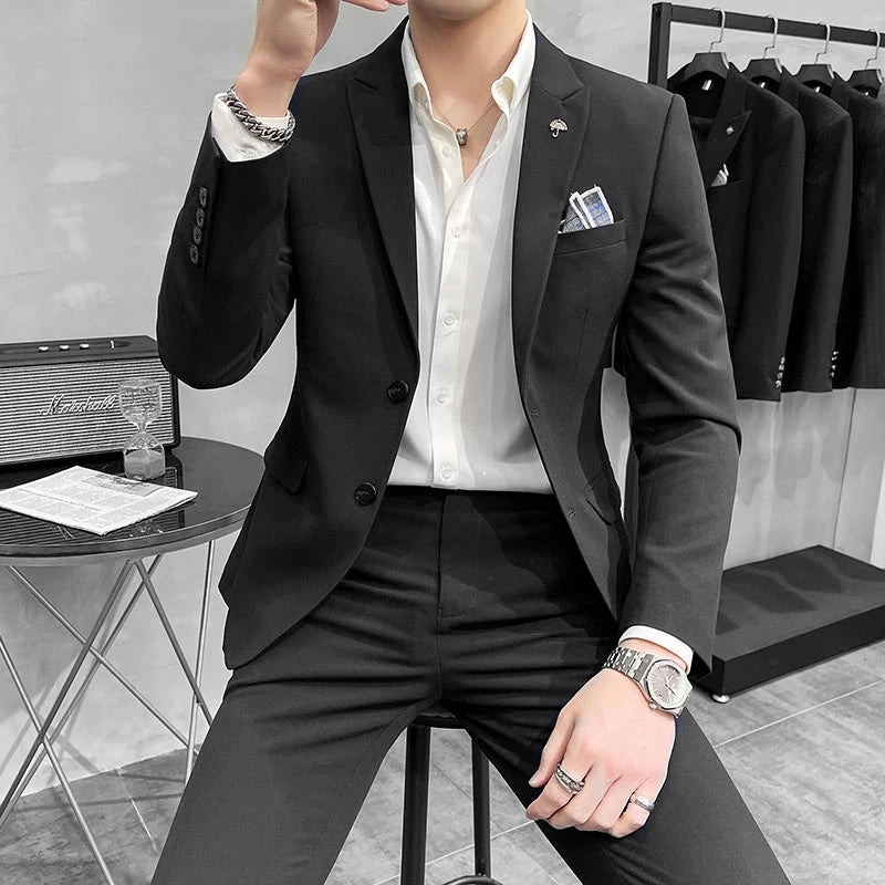 ( Blazer + Pants ) High End Brand Plaid Men's Casual Formal Office Business Suit Groom Wedding Dress Slim Suit Jacket Trousers