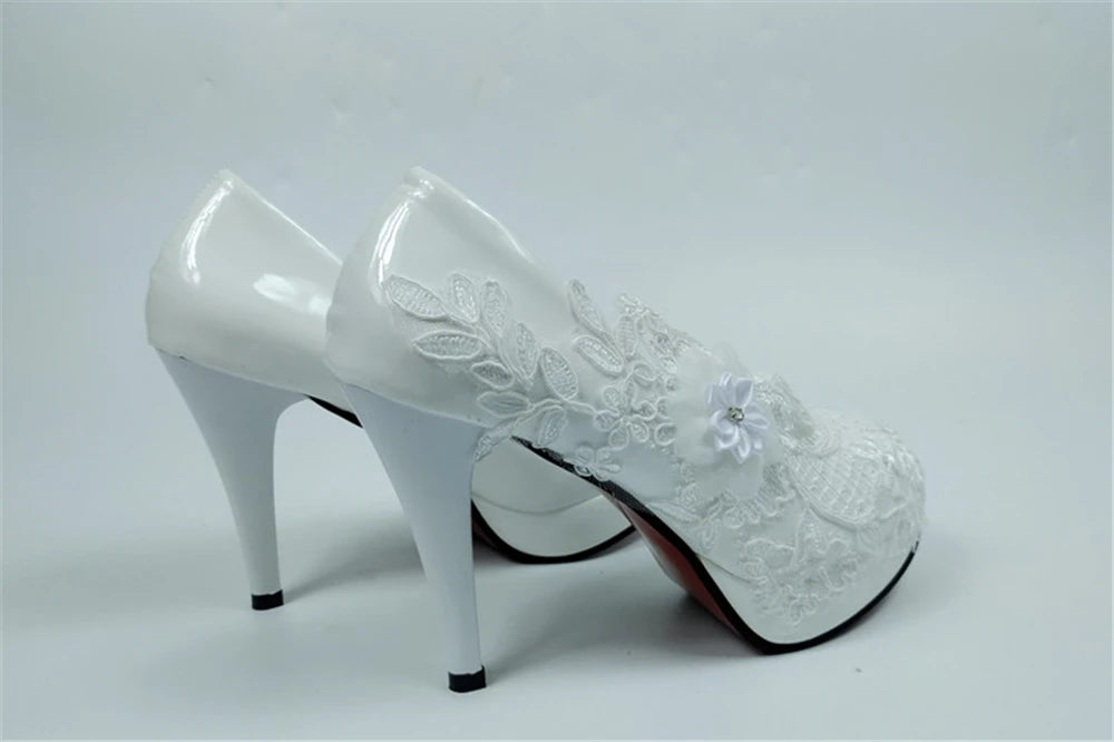 Spring new round-toe waterproof platform lace rhinestone low-heel wedding shoes thin high-heeled dress large-size women's shoes