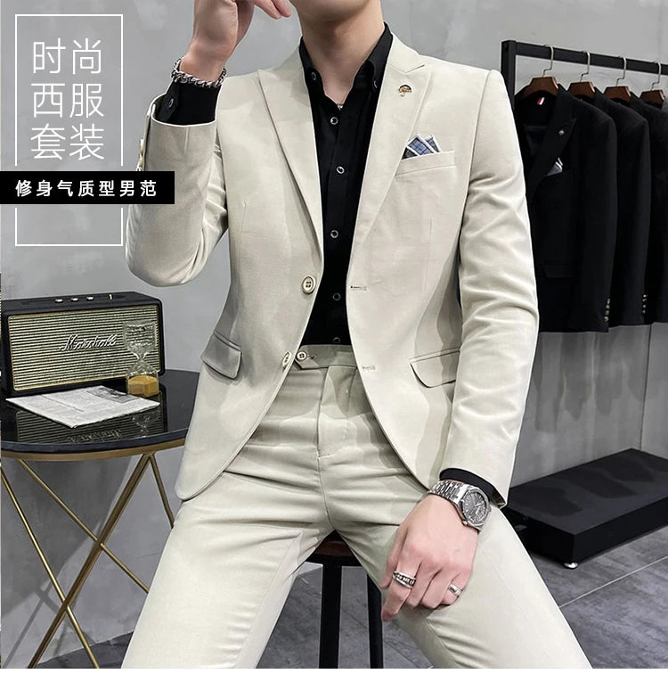 ( Blazer + Pants ) High End Brand Plaid Men's Casual Formal Office Business Suit Groom Wedding Dress Slim Suit Jacket Trousers