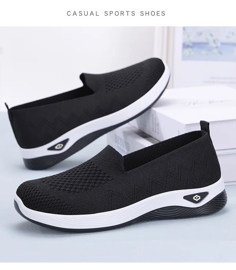 Women's Solid Color Breathable Sneakers, Soft Sole Lightweight Slip On Walking Shoes, Low-top Knitted Casual Shoes