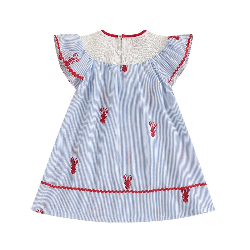 1-5Y Toddler Baby Girl Crawfish Smocked Ruffle Short Sleeve Dress Lobster Plaid Princess Dresses Summer Outfits