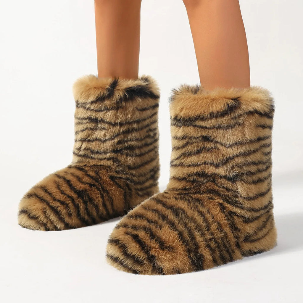 Womens Leopard Print Mid-Calf Fuzzy Faux Fur Boots - Soft, Warm, and Comfortable Slip-on Design with Flat Heel, Round Toe