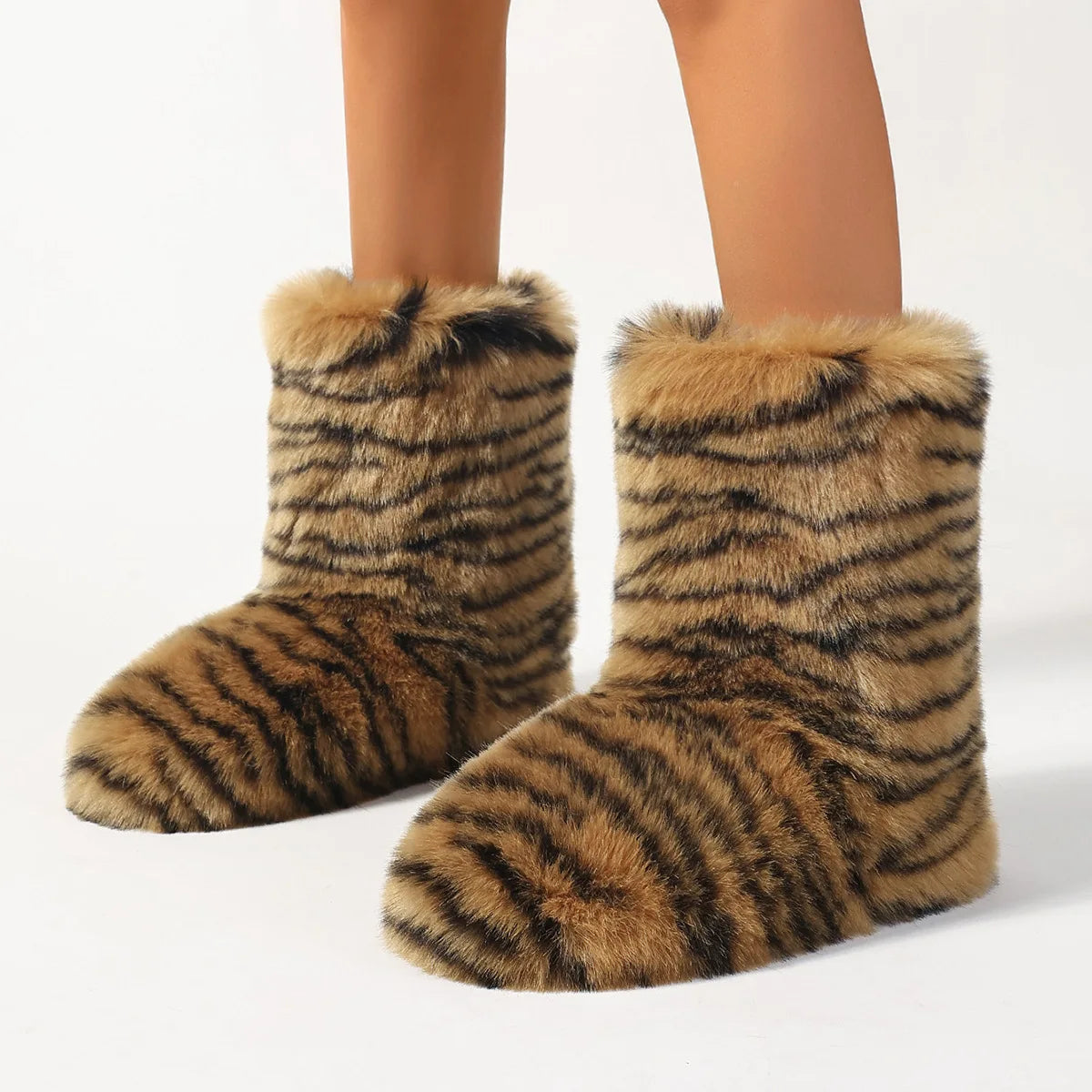 Womens Leopard Print Mid-Calf Fuzzy Faux Fur Boots - Soft, Warm, and Comfortable Slip-on Design with Flat Heel, Round Toe