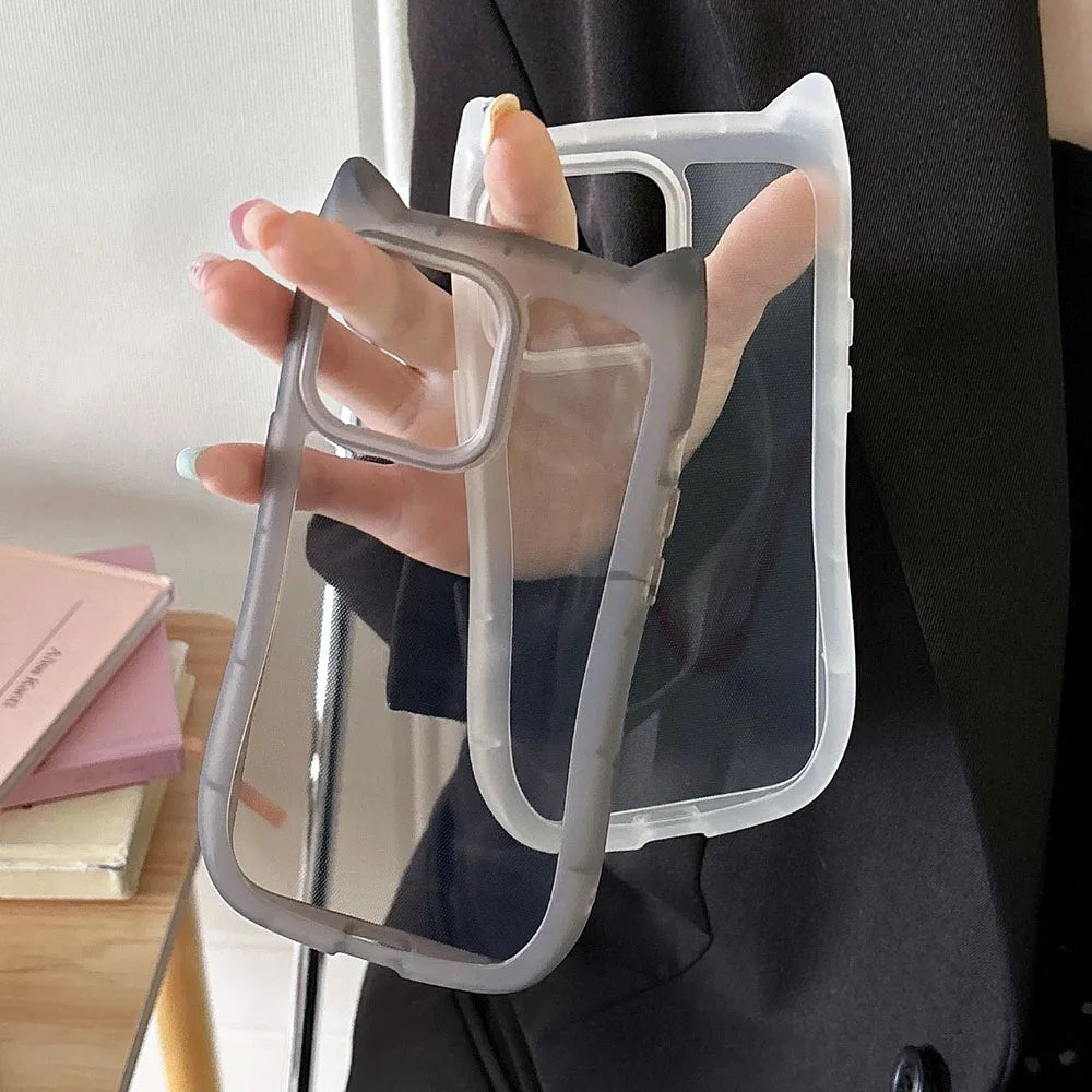 Korea Cute 3D Cat Ear Transparent Phone Case For iPhone 11 12 13 14 15 16 Pro Max Matte Silicone Shockproof Protective Cover