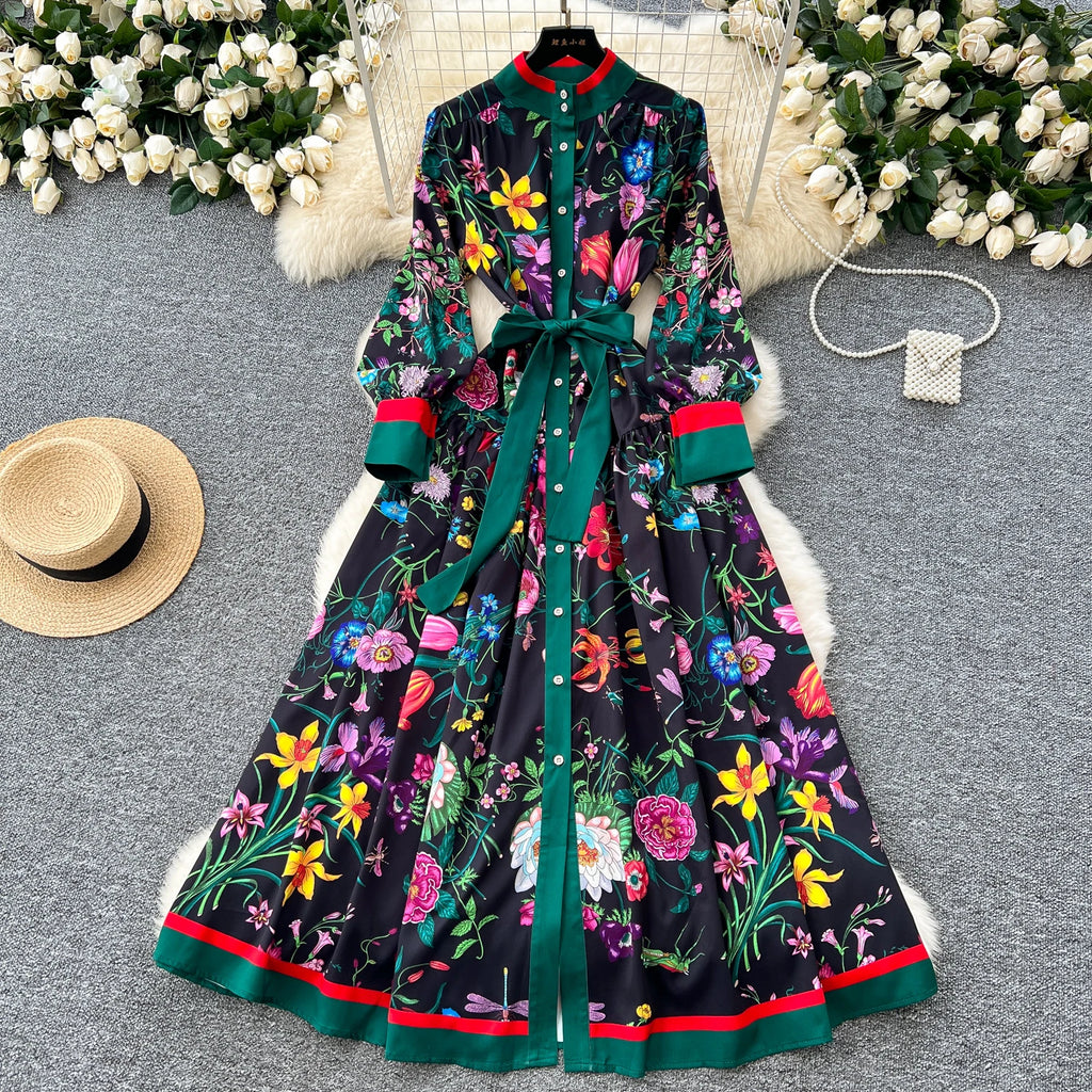 Elegant Long Sleeves Vintage Stand Collar Chic Single Breasted Print Bandage Slim Long Dress High Street Autumn Winter Clothing