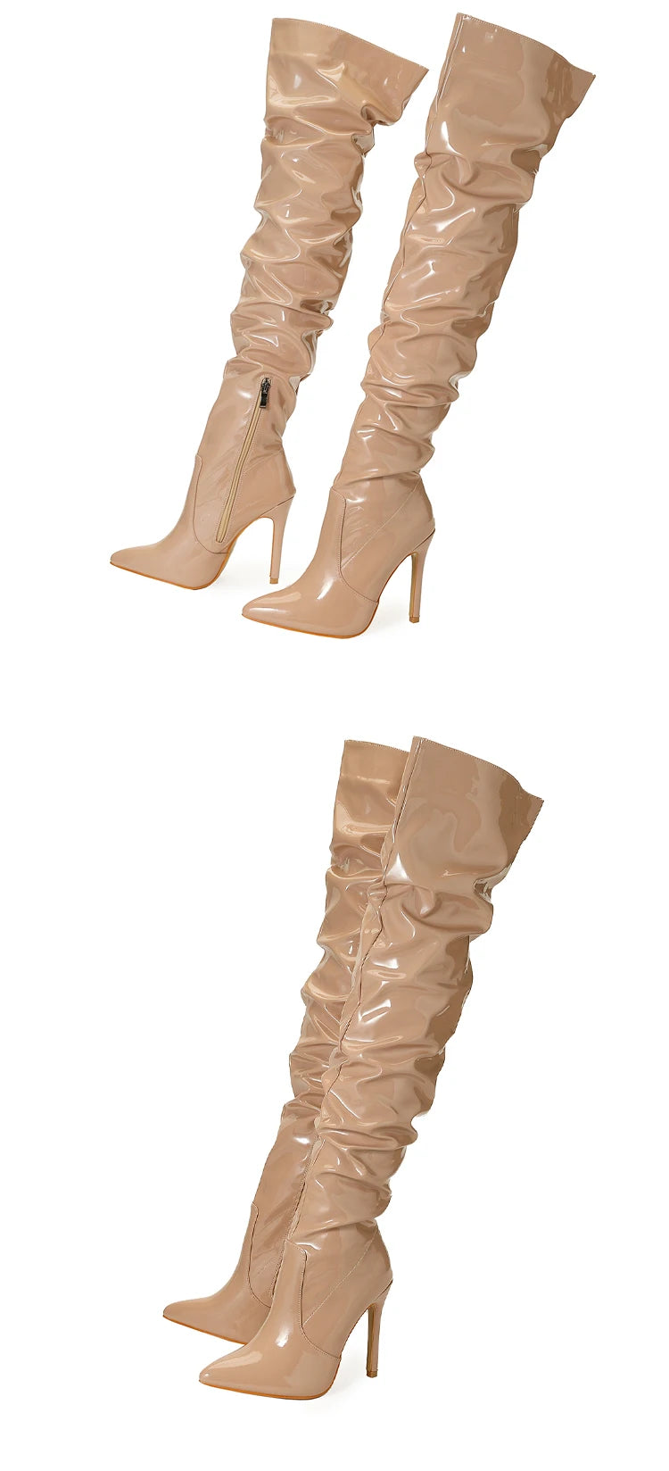 Eilyken High Quality Pleated Patent Leather Motorcycle Over The Knee Boots Women Fashion Pointed Toe Zip Thigh High Lady Shoes